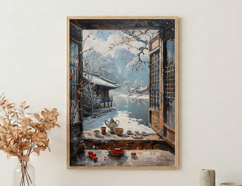 Korea Window Wall Art, Hanok Village Decor - Winter Snowy Tea Set