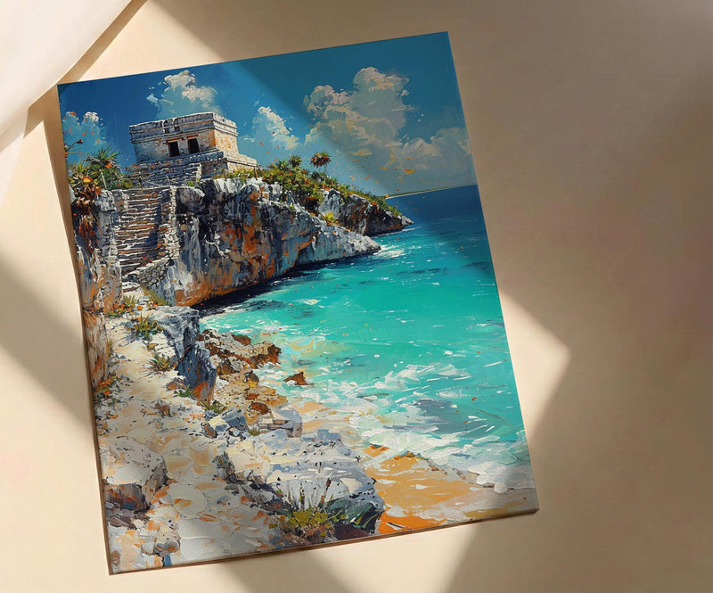 Tulum Ruins Poster, Mexico Beach Wall Decor - Mayan Stone Art