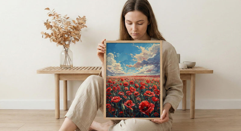 Red Poppy Field Wall Art, Patriotic Floral Decor - Summer Botanical Print