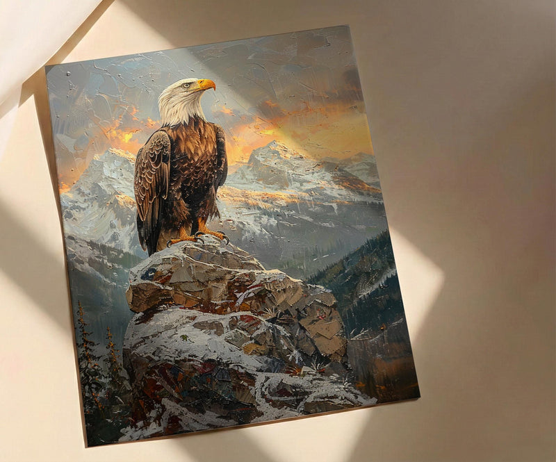 Bald Eagle Sunrise Poster, Majestic Mountain Decor - Patriotic Wildlife Art