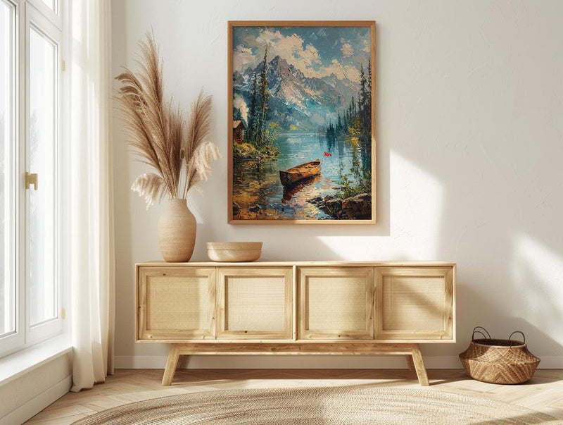 Forest Lake Cabin Art Print, Rustic Summer Decor - Patriotic Nature Poster