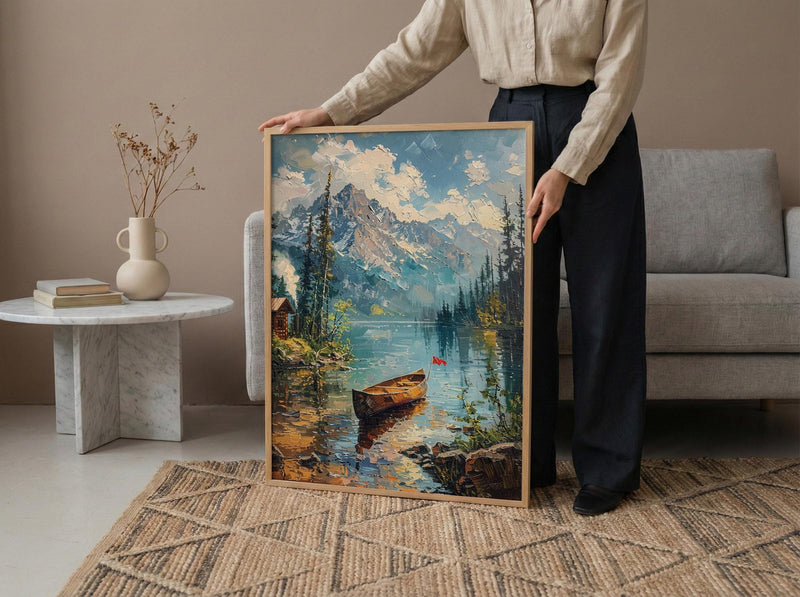 Forest Lake Cabin Art Print, Rustic Summer Decor - Patriotic Nature Poster