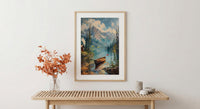 Forest Lake Cabin Art Print, Rustic Summer Decor - Patriotic Nature Poster