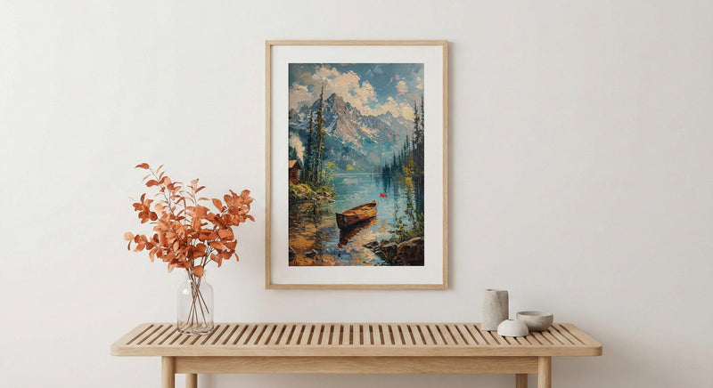 Forest Lake Cabin Art Print, Rustic Summer Decor - Patriotic Nature Poster
