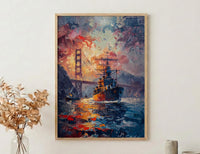 Golden Gate Bridge Art Print, Patriotic SF Decor - Navy Ship Poster