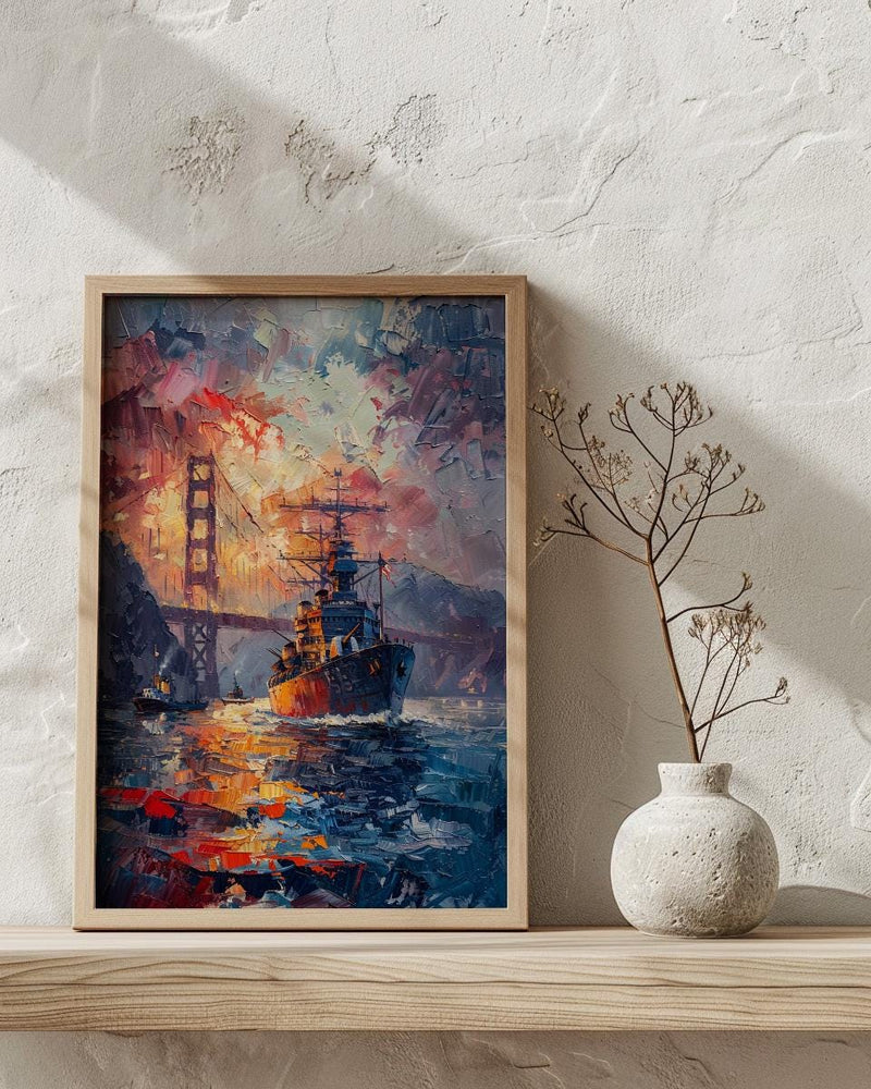 Golden Gate Bridge Art Print, Patriotic SF Decor - Navy Ship Poster