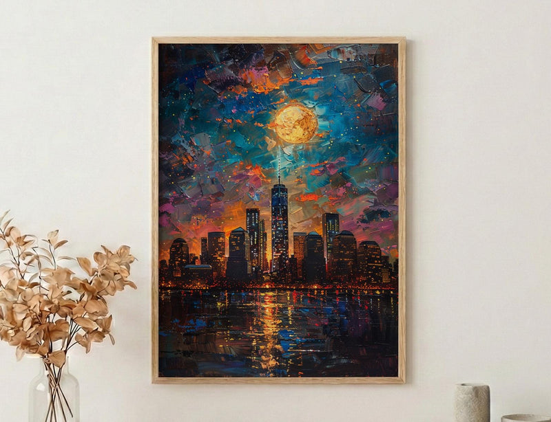 NYC Skyline Wall Art, Patriotic City Decor - Night Lights American Poster