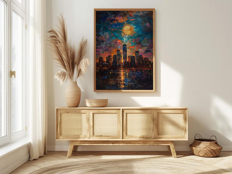 NYC Skyline Wall Art, Patriotic City Decor - Night Lights American Poster
