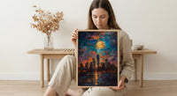 NYC Skyline Wall Art, Patriotic City Decor - Night Lights American Poster