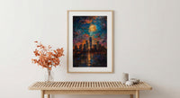 NYC Skyline Wall Art, Patriotic City Decor - Night Lights American Poster