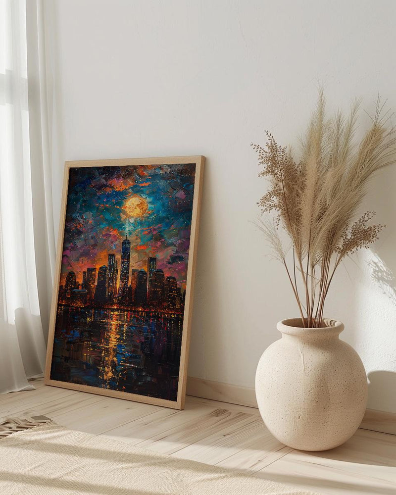 NYC Skyline Wall Art, Patriotic City Decor - Night Lights American Poster