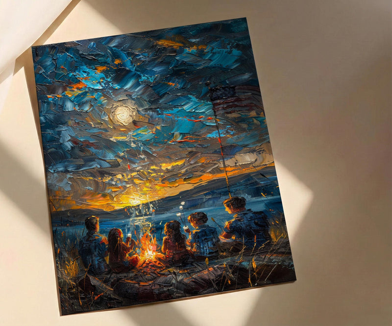 Family Campfire Poster, Summer Night Decor - Patriotic Outdoor Art
