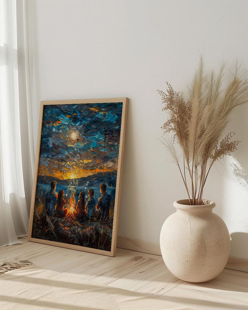 Family Campfire Poster, Summer Night Decor - Patriotic Outdoor Art