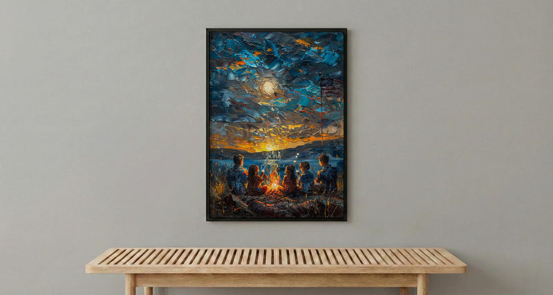 Family Campfire Poster, Summer Night Decor - Patriotic Outdoor Art