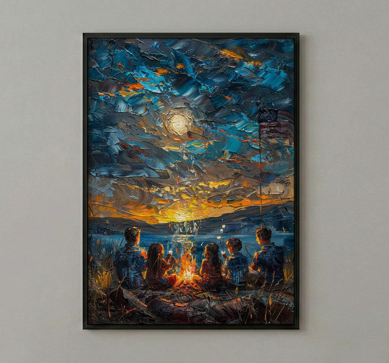 Family Campfire Poster, Summer Night Decor - Patriotic Outdoor Art