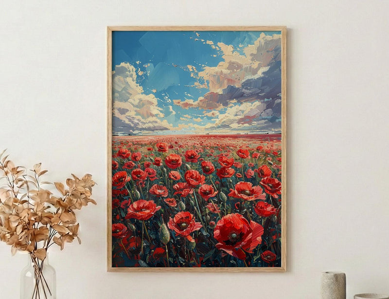 Red Poppy Field Wall Art, Patriotic Floral Decor - Summer Botanical Print