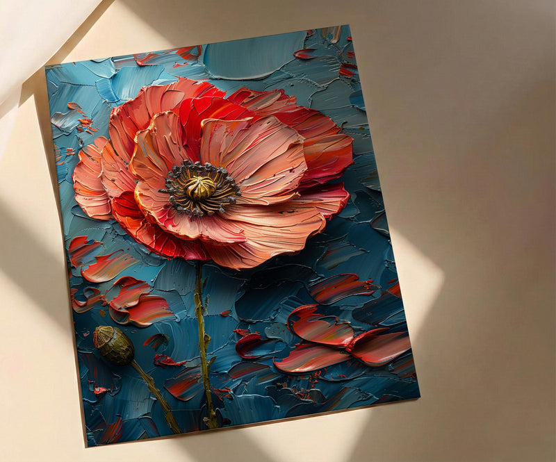 Red Poppy Flag Wall Art, Floral Patriotic Decor - Abstract Botanical Print