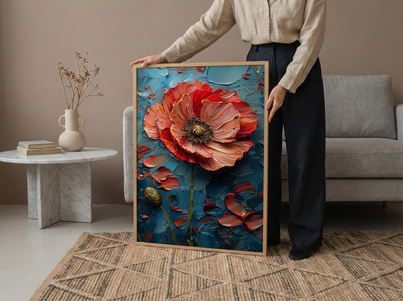 Red Poppy Flag Wall Art, Floral Patriotic Decor - Abstract Botanical Print
