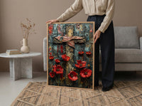 Wooden Cross Flag Art Print, Christian Patriotic Decor - Memorial Poppies Poster