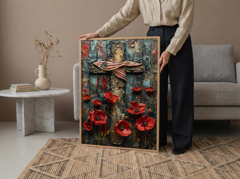 Wooden Cross Flag Art Print, Christian Patriotic Decor - Memorial Poppies Poster