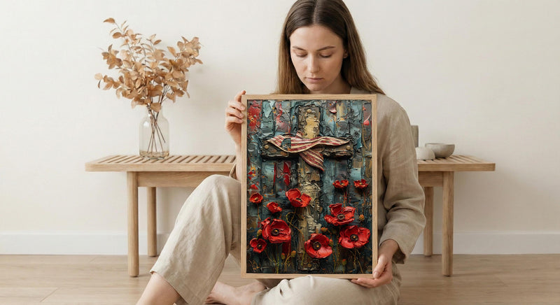 Wooden Cross Flag Art Print, Christian Patriotic Decor - Memorial Poppies Poster