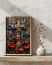 Wooden Cross Flag Art Print, Christian Patriotic Decor - Memorial Poppies Poster