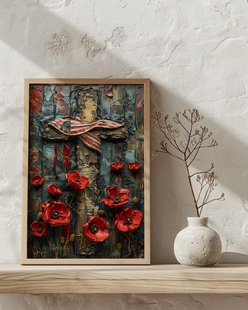 Wooden Cross Flag Art Print, Christian Patriotic Decor - Memorial Poppies Poster