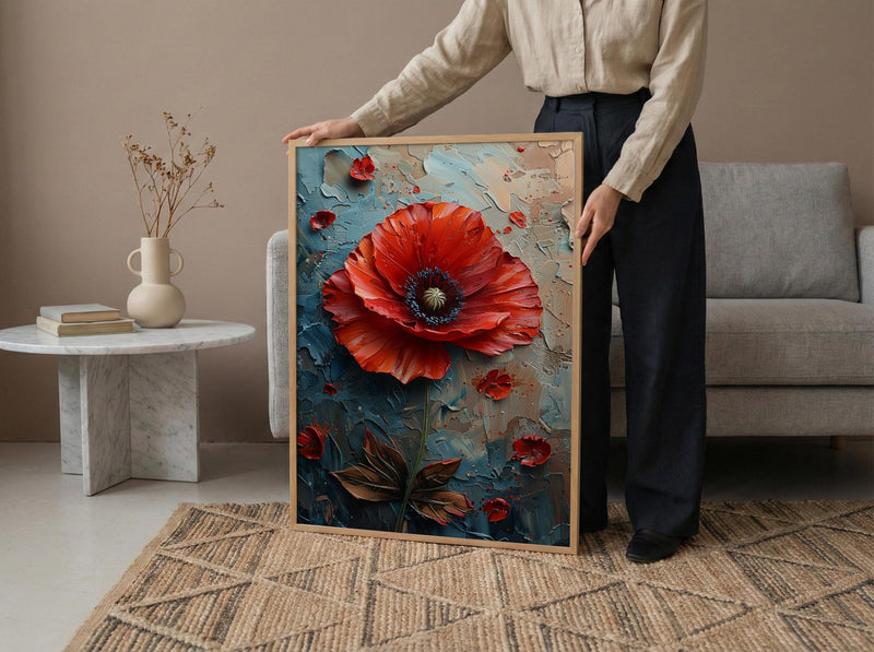 Red Poppy Macro Art Print, Floral Patriotic Decor - Texture Botanical Poster