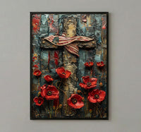 Wooden Cross Flag Art Print, Christian Patriotic Decor - Memorial Poppies Poster