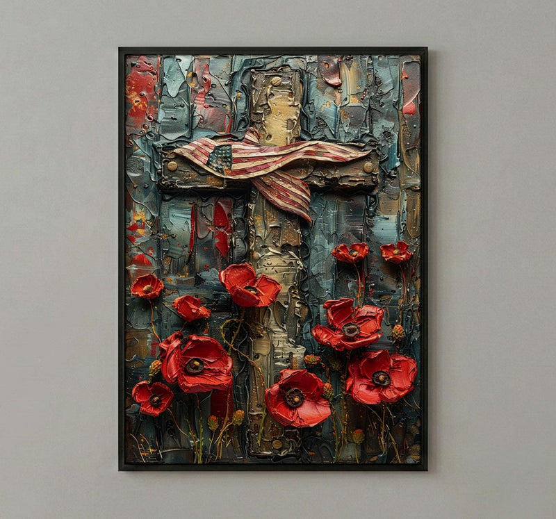 Wooden Cross Flag Art Print, Christian Patriotic Decor - Memorial Poppies Poster