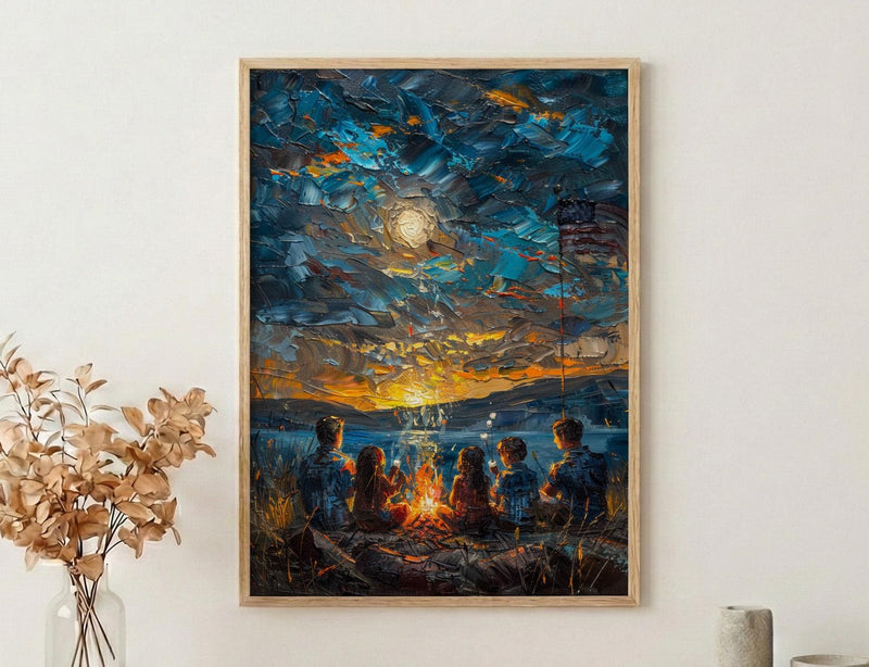 Family Campfire Poster, Summer Night Decor - Patriotic Outdoor Art