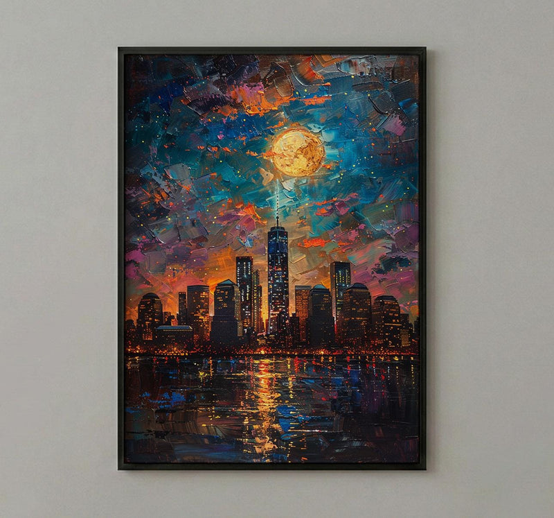 NYC Skyline Wall Art, Patriotic City Decor - Night Lights American Poster