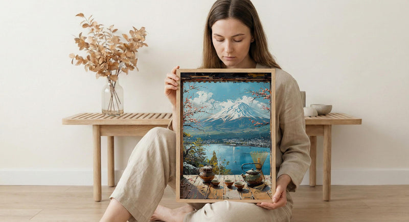 Japan Window Art Print, Mount Fuji Wall Decor - Matcha Tea Zen Landscape