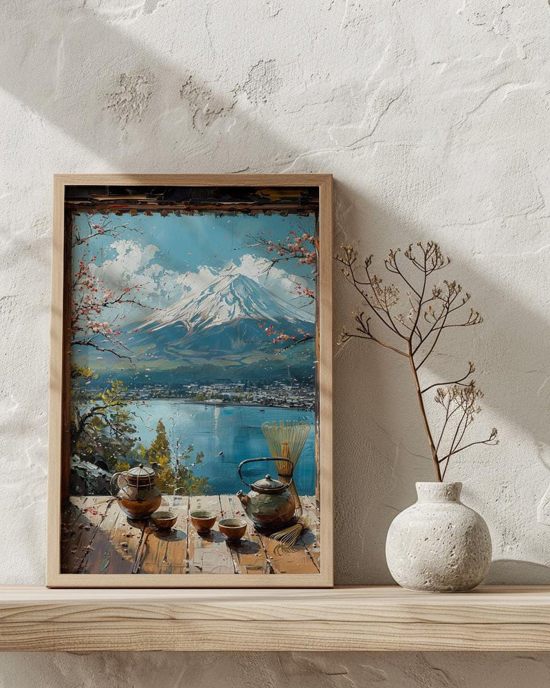 Japan Window Art Print, Mount Fuji Wall Decor - Matcha Tea Zen Landscape