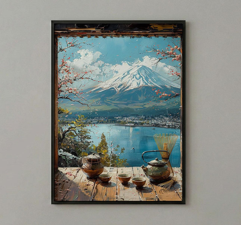 Japan Window Art Print, Mount Fuji Wall Decor - Matcha Tea Zen Landscape