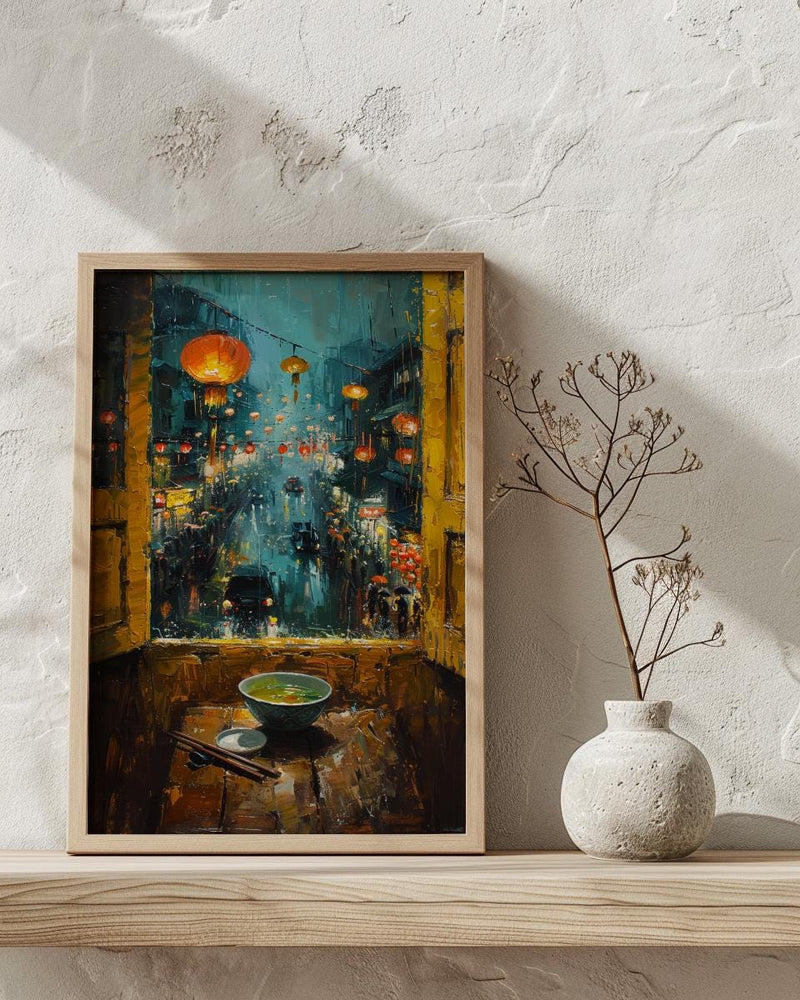 Vietnam Window Wall Art, Hoi An Lantern Decor - Pho Soup Rainy Street