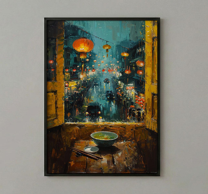 Vietnam Window Wall Art, Hoi An Lantern Decor - Pho Soup Rainy Street