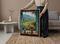 Bali Window Poster, Rice Terrace Decor - Floating Breakfast Jungle Art