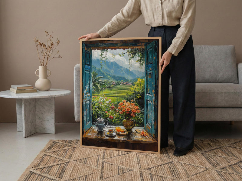 Bali Window Poster, Rice Terrace Decor - Floating Breakfast Jungle Art