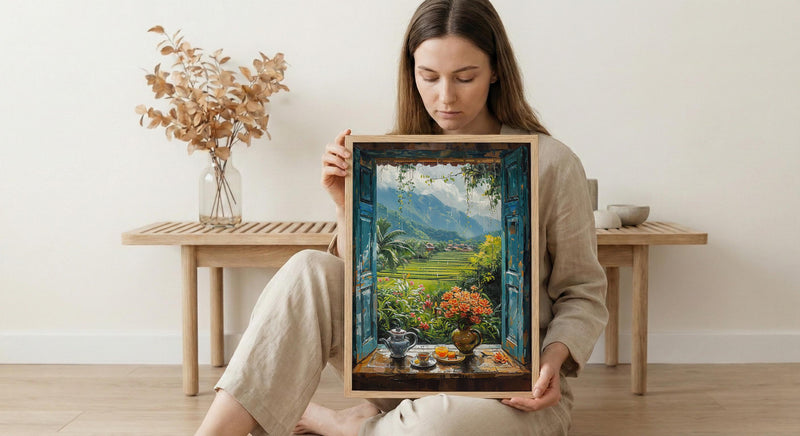Bali Window Poster, Rice Terrace Decor - Floating Breakfast Jungle Art
