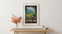 Bali Window Poster, Rice Terrace Decor - Floating Breakfast Jungle Art