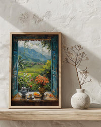 Bali Window Poster, Rice Terrace Decor - Floating Breakfast Jungle Art