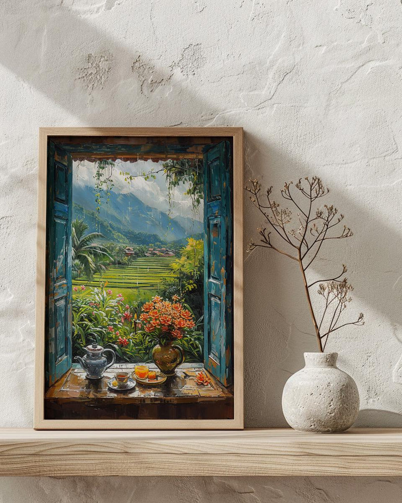 Bali Window Poster, Rice Terrace Decor - Floating Breakfast Jungle Art