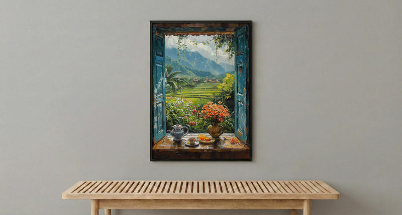 Bali Window Poster, Rice Terrace Decor - Floating Breakfast Jungle Art