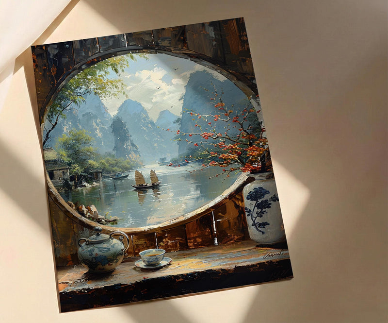 China Window Art Print, Karst Mountains Decor - Traditional Tea Pot