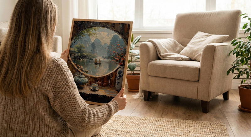 China Window Art Print, Karst Mountains Decor - Traditional Tea Pot