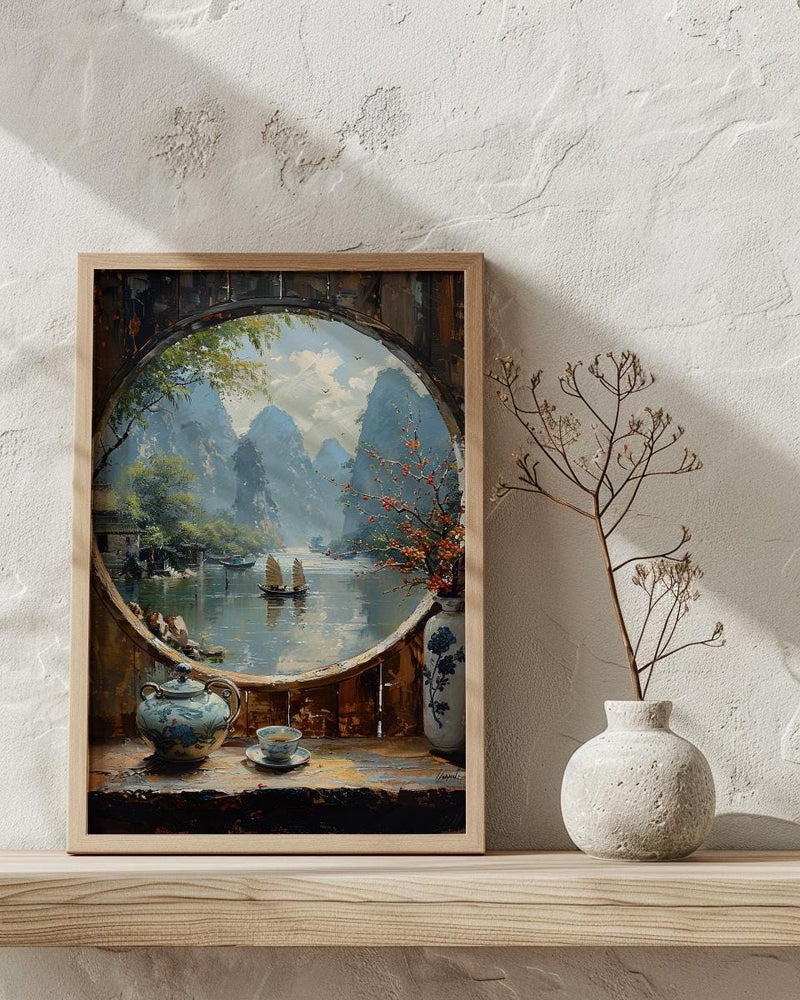 China Window Art Print, Karst Mountains Decor - Traditional Tea Pot