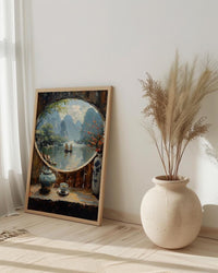 China Window Art Print, Karst Mountains Decor - Traditional Tea Pot