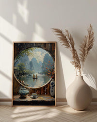China Window Art Print, Karst Mountains Decor - Traditional Tea Pot