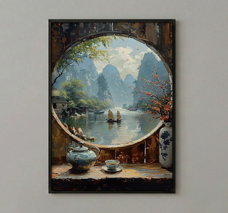 China Window Art Print, Karst Mountains Decor - Traditional Tea Pot